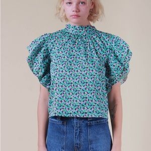 Damson Madder Organic Cotton Ruffle Sleeve Tie Crop Top Size Small